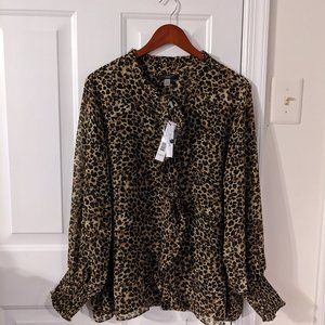 T Tahari Misa Long Sleeve Ruffle Blouse, Mini Cheetah Print, 2X